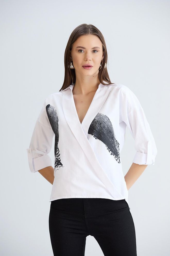 Sortie Collection Chemise Col Croisé Blanc Vêtements en gros Décontracté