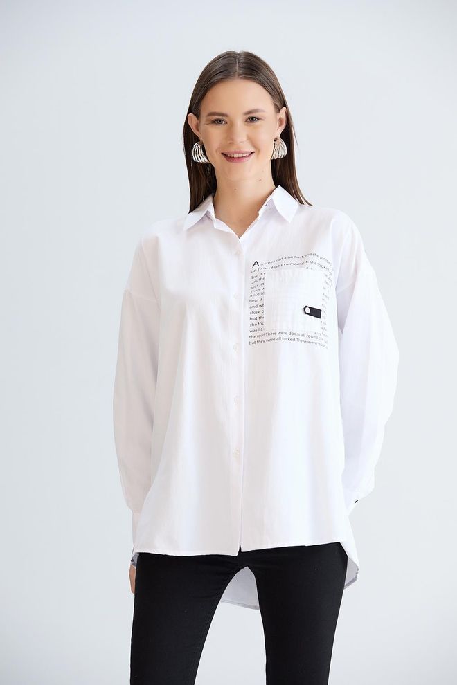Sortie Collection Chemise Imprimée À Poche Unique Blanc Vêtements en gros Décontracté