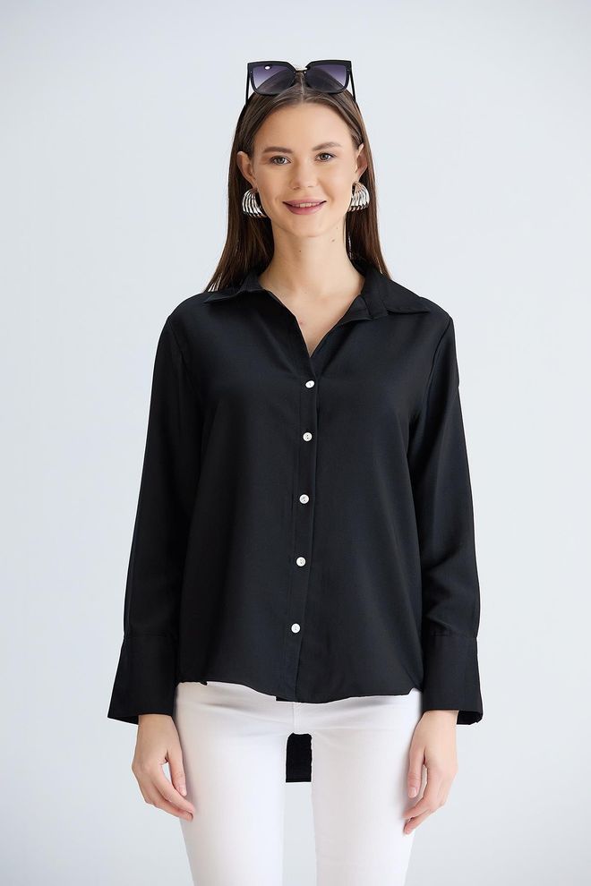 Sortie Collection قميص طويل من الساتان باللون الأسود ملابس بالجملة غير رسمي