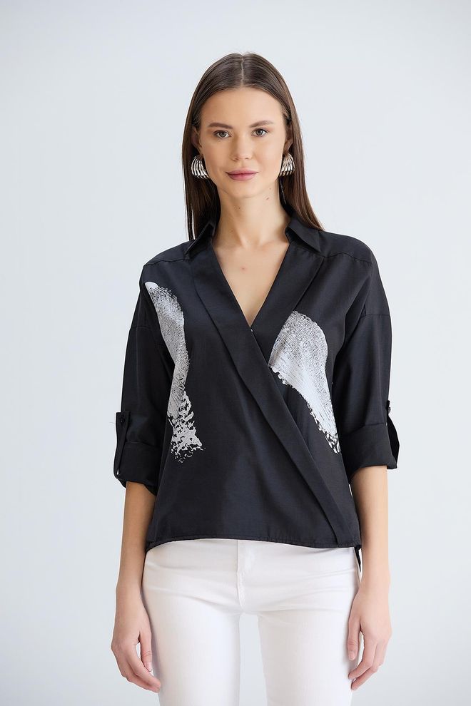 Sortie Collection Camisa Con Cuello Cruzado Negro Ropa al por mayor Casual