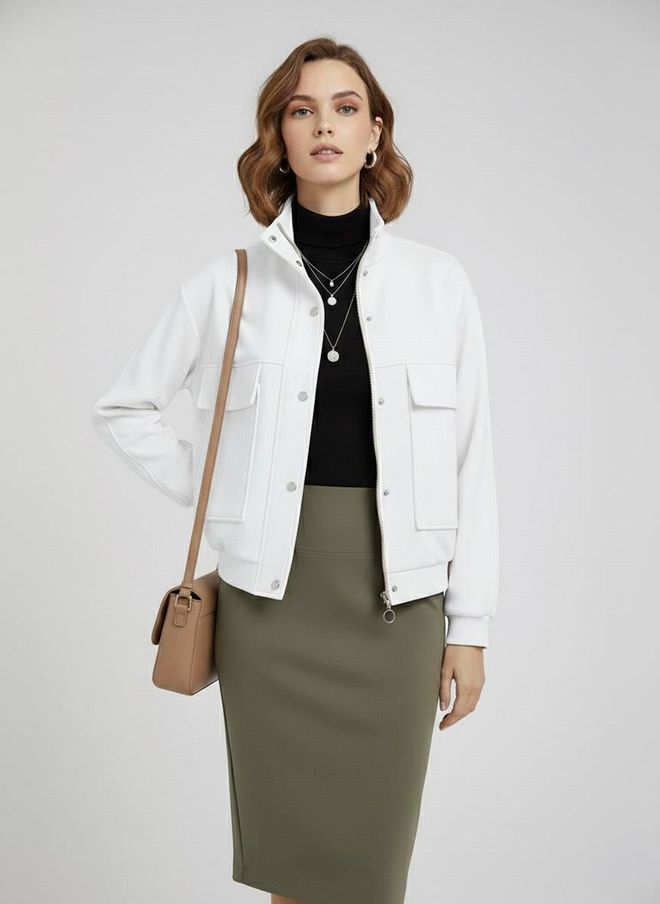 Sortie Collection Weißer Shacket Mantel Mit Bandkragen Und Pattentaschen Großhandelskleidung Lässig