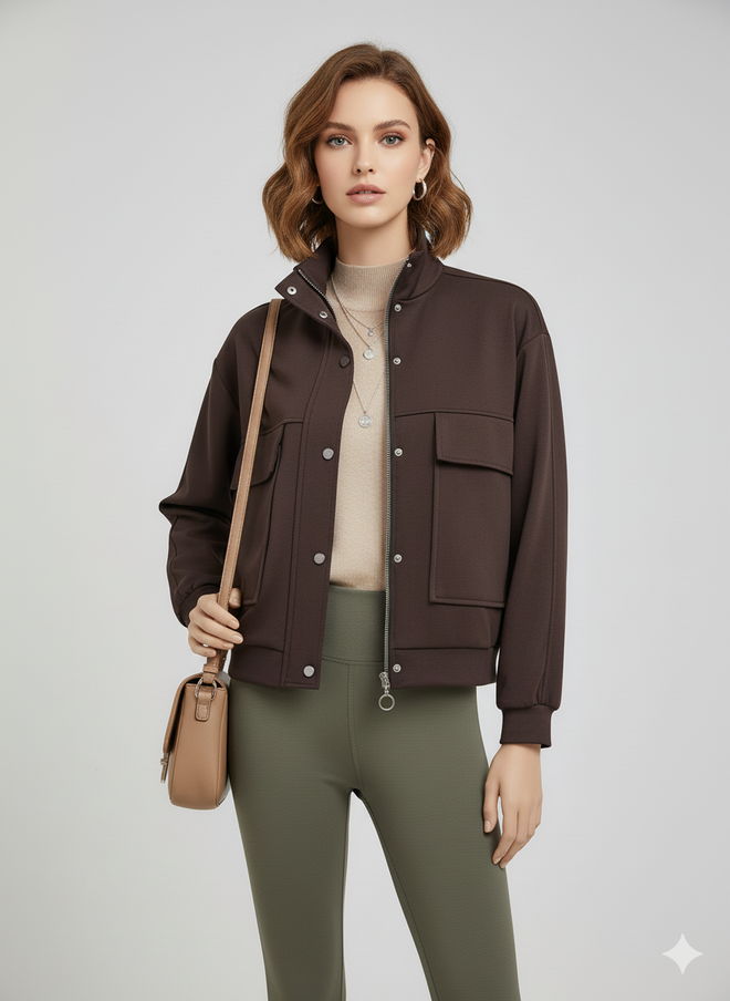Sortie Collection Braun Jacke Überhemd Mit Hohem Kragen Großhandelskleidung Lässig
