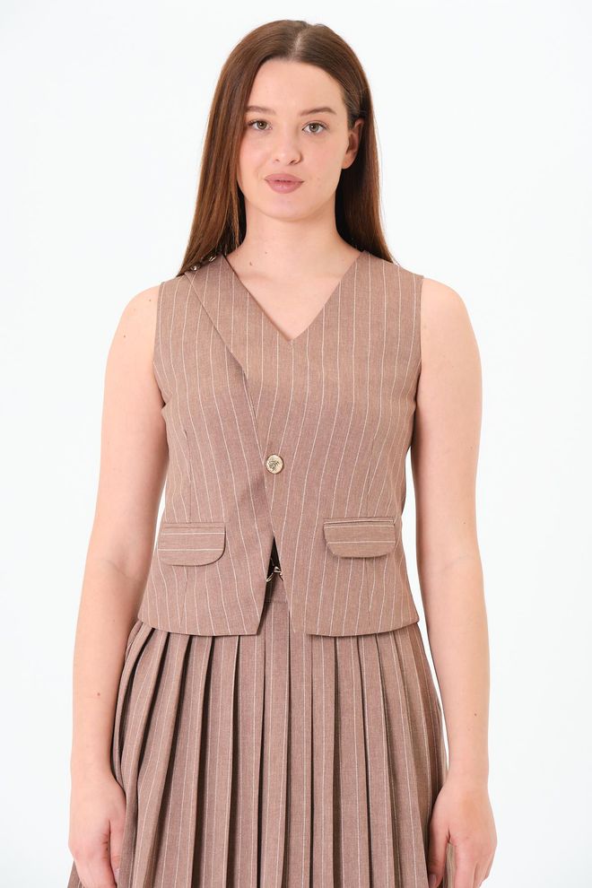 Sortie Collection Braun Gestreift Formal Elegant Jahrgang Retro Weste Großhandelskleidung Jahrgang