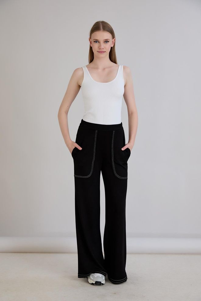 Sortie Collection Schwarz Jogginghose Palazzo Weites Bein Pull On Großhandelskleidung Lässig