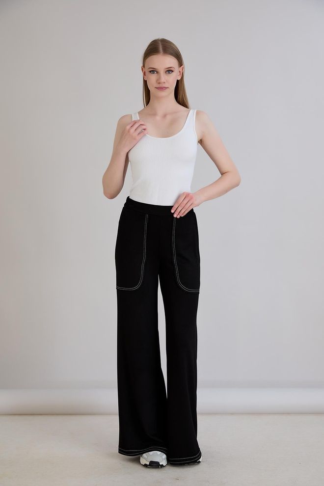 Sortie Collection Black Sweatpants Palazzo Wide Leg Pull On Wholesale Clothing Lounge