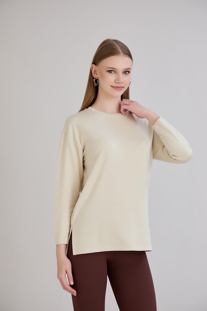 Sortie Collection Beige Lässige Modeste Bluse Mit 3/4 Geraden Ärmeln Großhandelskleidung Modest
