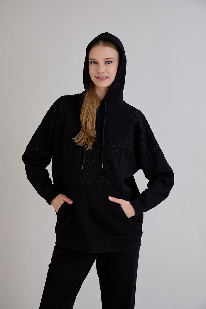 Sortie Collection Siyah Sweatshirt Kapüşonlu Bol Kalıp Gündelik Spor Toptan Giyim Gündelik