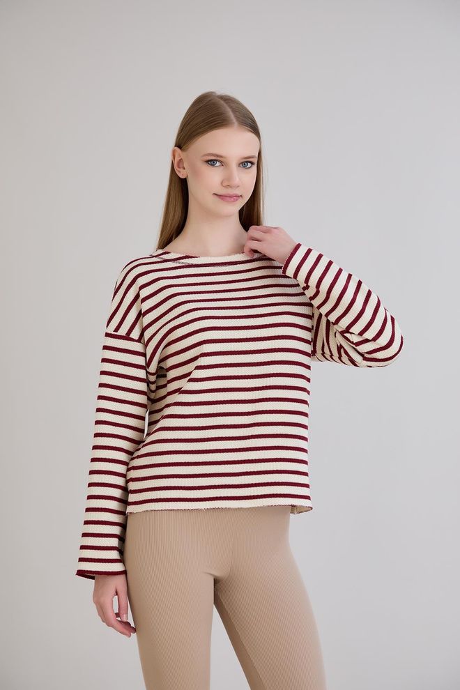 Sortie Collection Бежевый Полосатый Свитер С Лодочкой Оптовая продажа одежды Повседневный