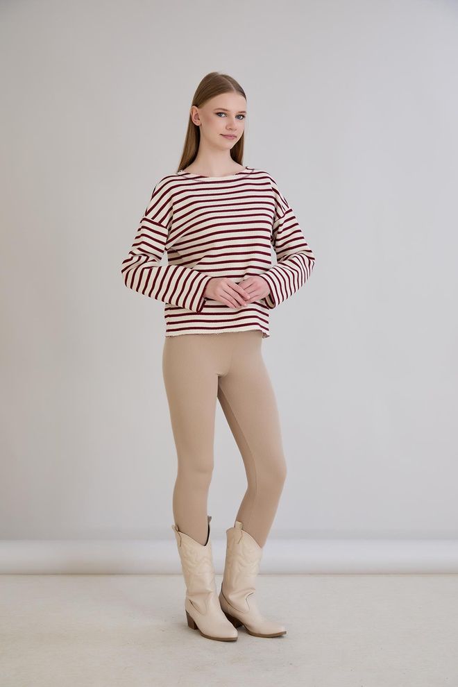 Sortie Collection Maglione Beige A Righe Con Scollo A Barca Abbigliamento all'ingrosso 1
