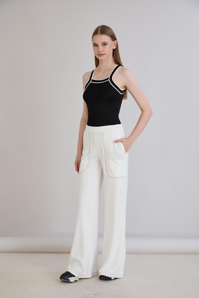 Sortie Collection Weiß Jogginghose Palazzo Weites Bein Mittlere Taille Großhandelskleidung Lässig