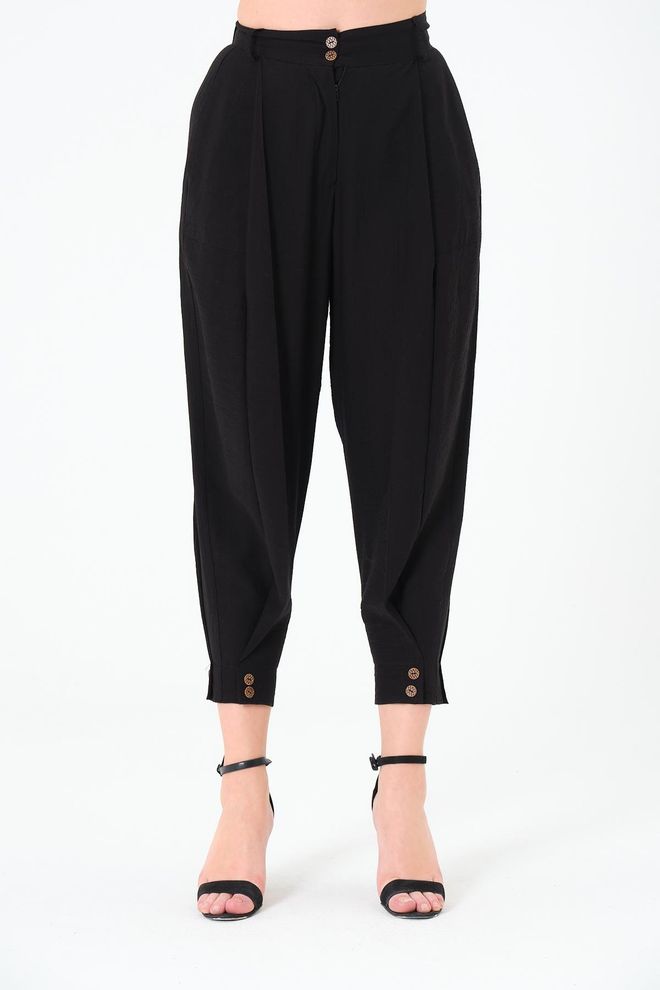 Sortie Collection Schwarze Elegante Geknöpfte Gekürzte Hose Mit Weitem Bein Großhandelskleidung Lässig