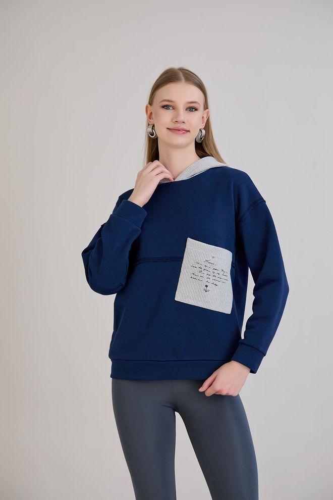 Sortie Collection Marineblau Sweatshirt Mit Kapuzenausschnitt Im Casual Stil Großhandelskleidung Lässig