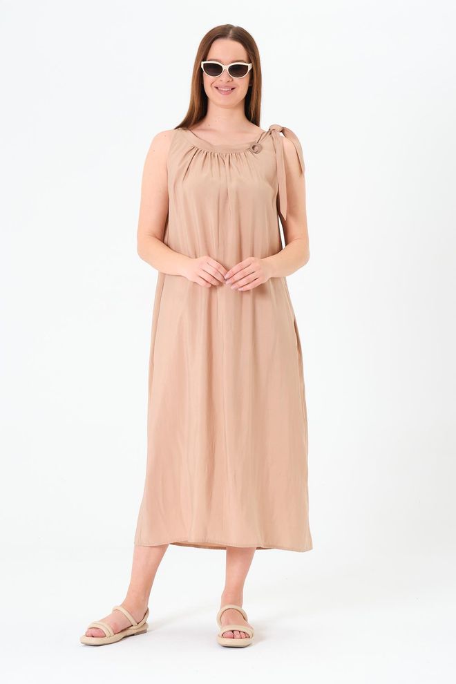 Sortie Collection Vestido Beige Shift Con Mangas Casquillo Ropa al por mayor Casual