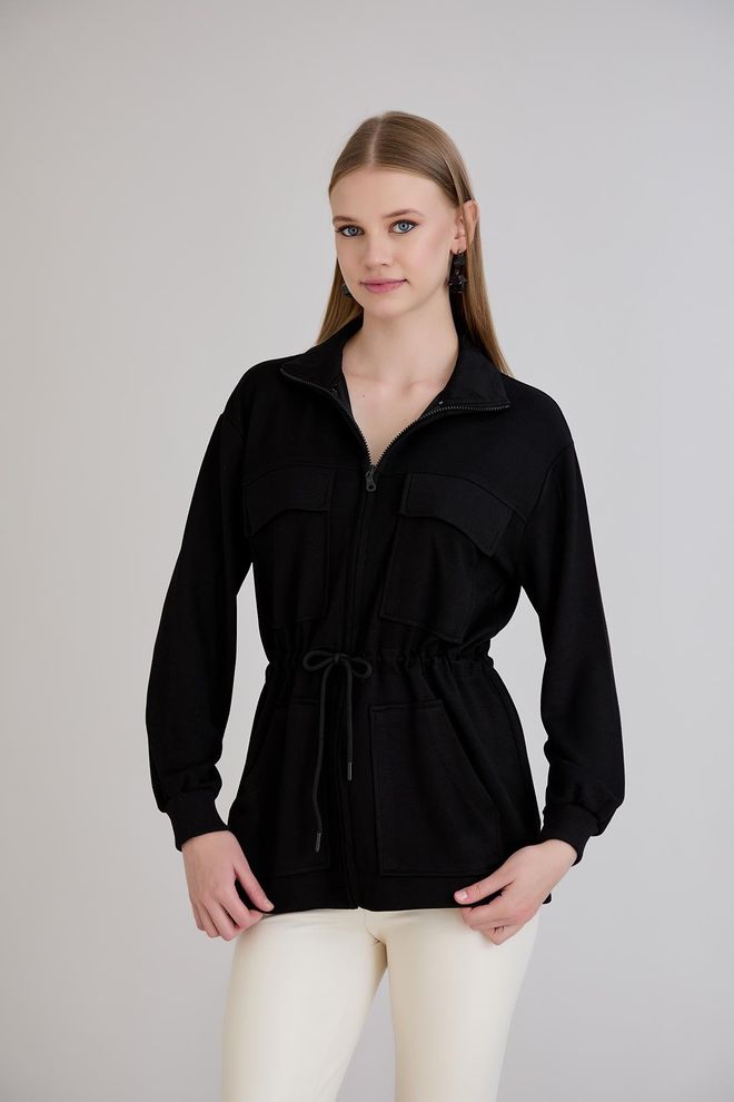 Sortie Collection Schwarz Sweatshirt Mit Kapuzenausschnitt Und Langarm Großhandelskleidung Modest