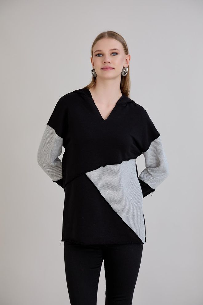 Sortie Collection Schwarzer Sweatshirt Mit V Ausschnitt Und Farbblock Großhandelskleidung Lässig