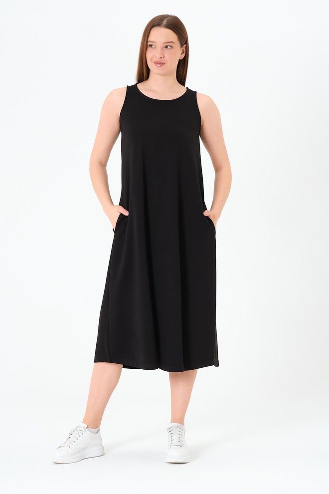 Sortie Collection Black A Line Midi Casual Modest Dress Wholesale Clothing Spring
