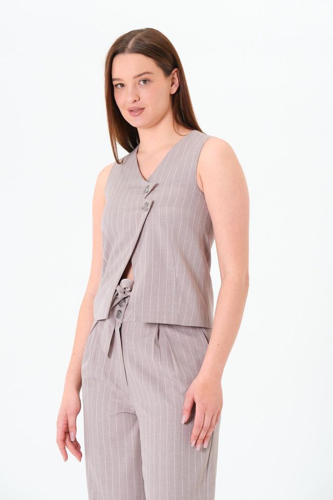 Sortie Collection Beige Gestreifte Formale Weste Mit Pattentasche Großhandelskleidung Lässig