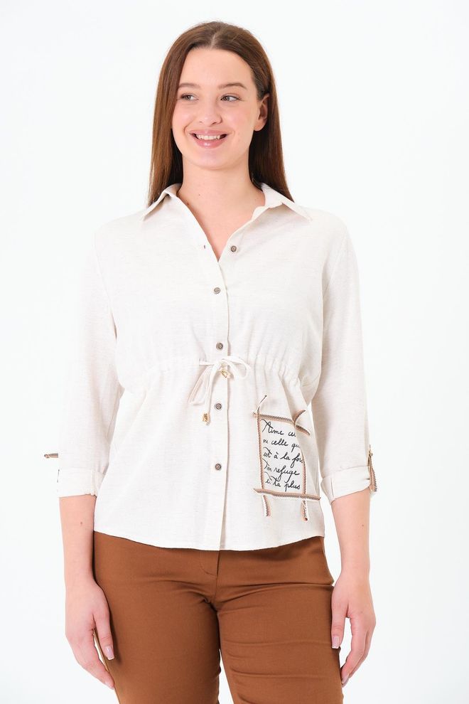 Sortie Collection Chemise Beige Décontractée Élégante Avec Col Châle Vêtements en gros Décontracté