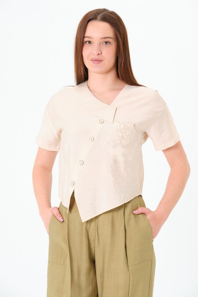 Sortie Collection Camisa Bege Com Decote Em V E Fecho Com Botões Roupas por atacado Casual