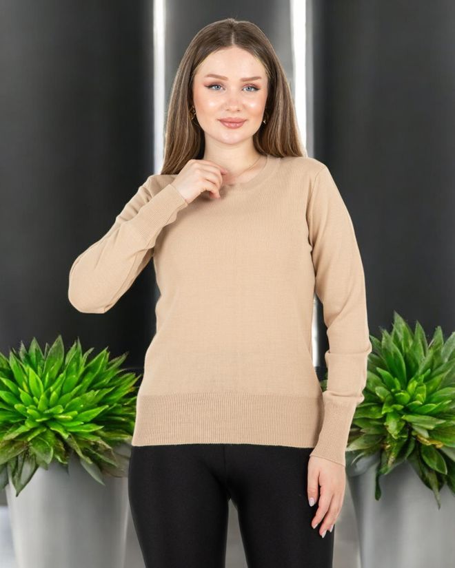 Sortie Collection Bej Kazak Yuvarlak Yaka Ve Uzun Kollu Toptan Giyim Tesettür