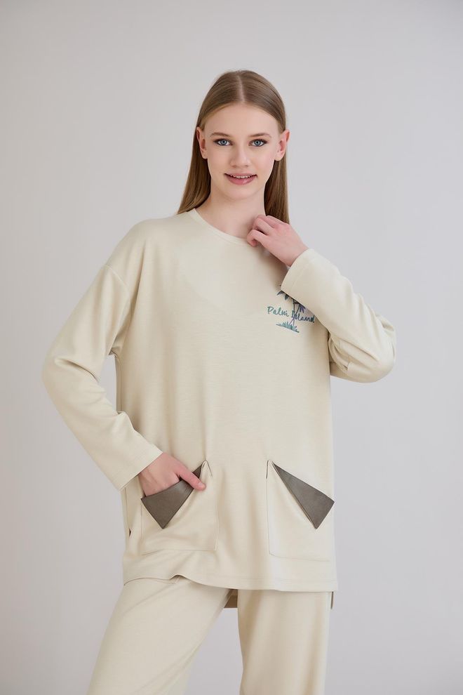 Sortie Collection Túnica Beige De Gran Tamaño Casual Con Cuello Redondo Ropa al por mayor Modesto