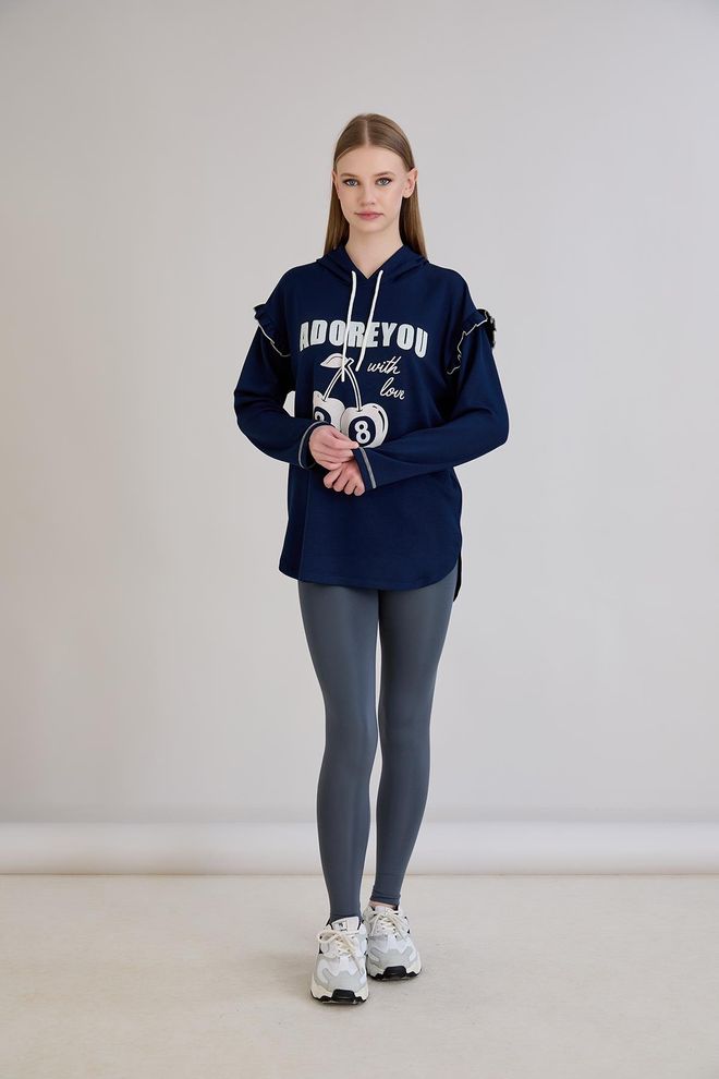 Sortie Collection Felpa Blu Navy Con Collo Con Cappuccio Stile Casual Sportivo Abbigliamento all'ingrosso Casuale