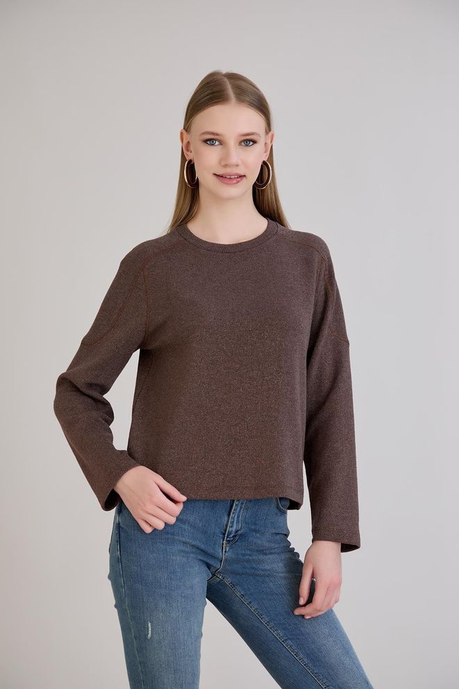 Sortie Collection Kahverengi Yuvarlak Yaka Günlük Ve Şık Kazak Toptan Giyim Gündelik