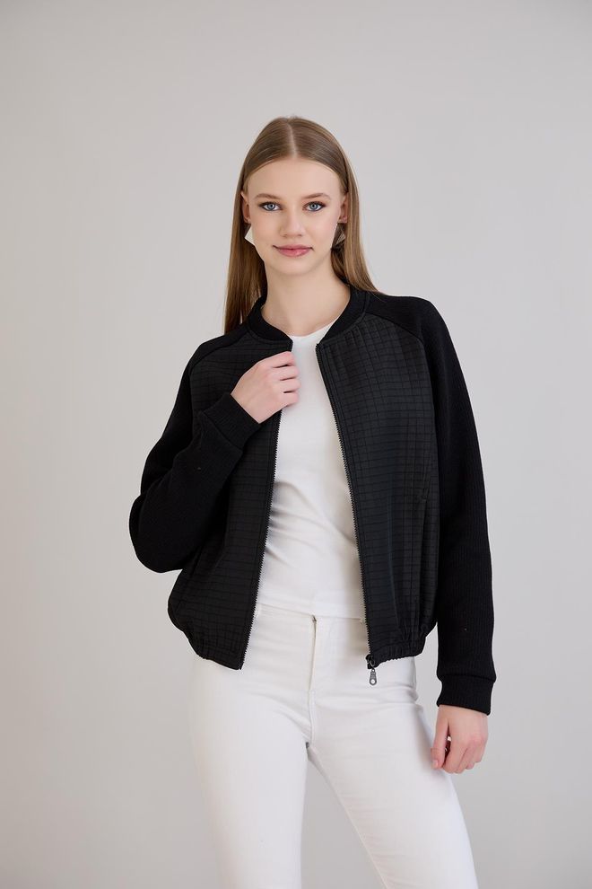Sortie Collection Schwarz Bomber Jacke Mit Kariertem Muster Großhandelskleidung Lässig