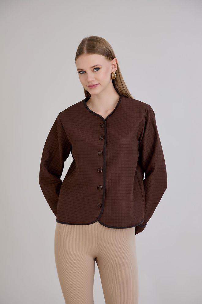 Sortie Collection Braune Karierte Einreiher Blazer Jacke Mit Rundkragen Großhandelskleidung Lässig