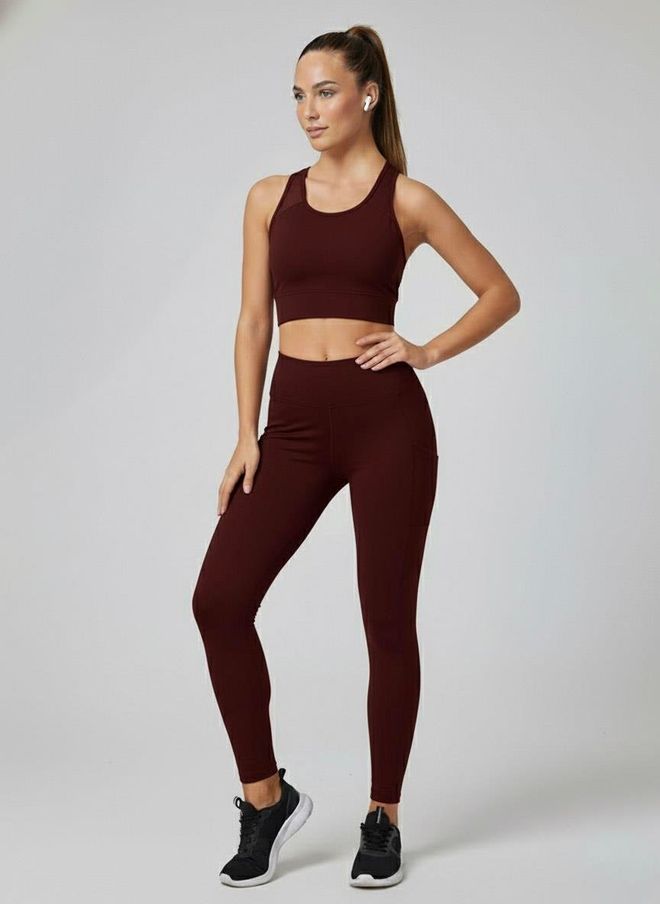 Sortie Collection Leggings Rojo Clarete Con Bolsillo De Parche Cintura Alta Pierna Estrecha Ropa al por mayor Casual