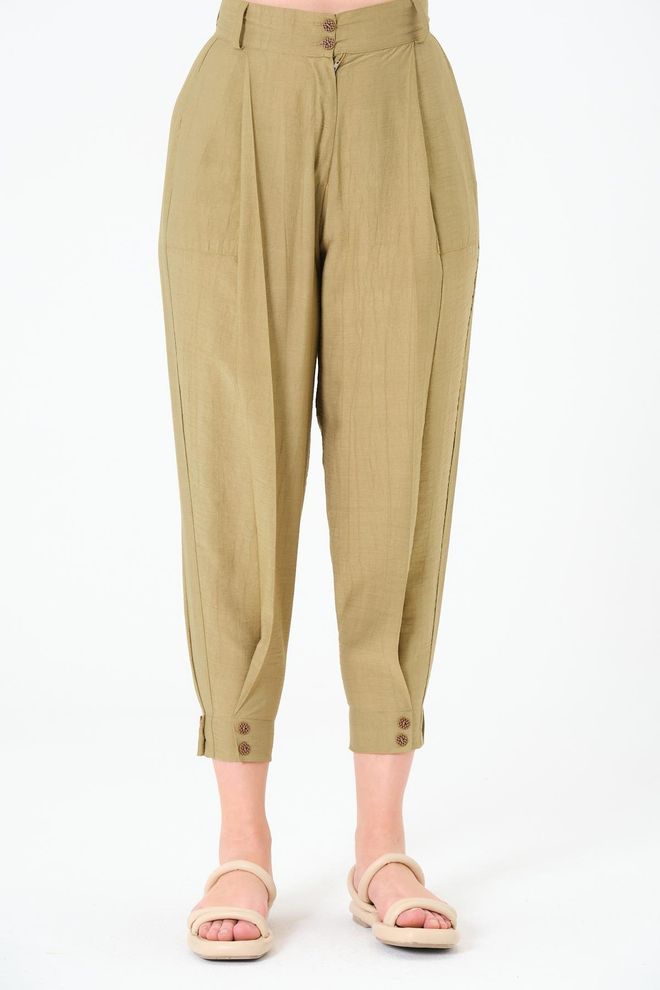 Sortie Collection Khaki Hose Mit Hoher Taille Tailliert/karottenförmig Weitem Bein Gekürzt Großhandelskleidung Lässig