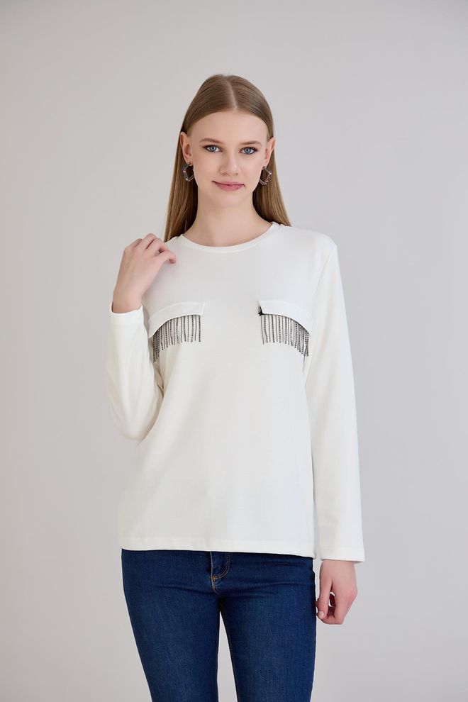 Sortie Collection Weiße Elegante Bluse Mit Langen Ärmeln Großhandelskleidung Lässig