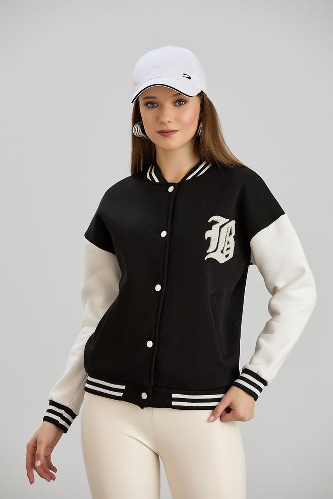 Sortie Collection Schwarz Varsity Jacke Großhandelskleidung Lässig