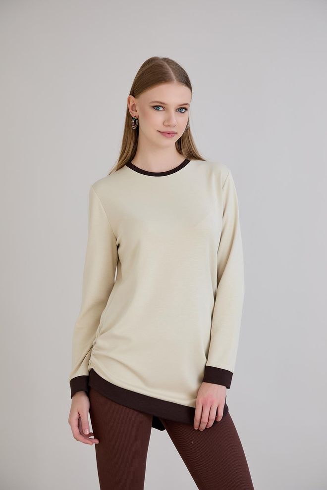 Sortie Collection Beige Lässige Elegante Bluse Mit Langen Ärmeln Großhandelskleidung Modest