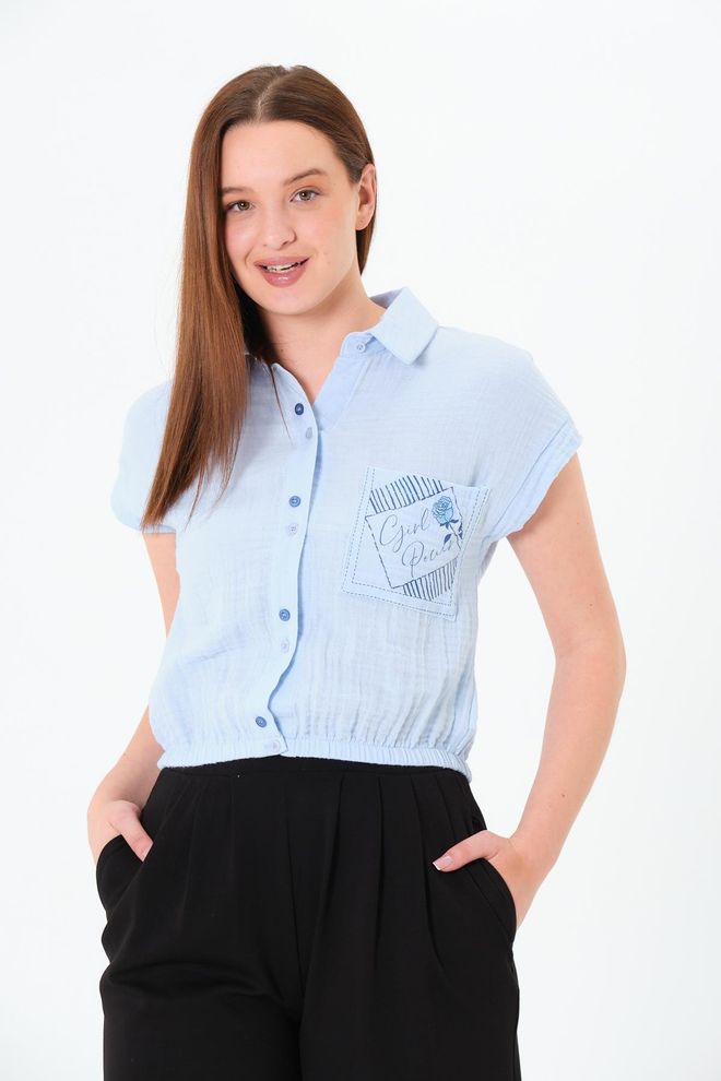 Sortie Collection Blue Casual Cute Buttoned Polo Neck Crop Shirt Wholesale Clothing Spring