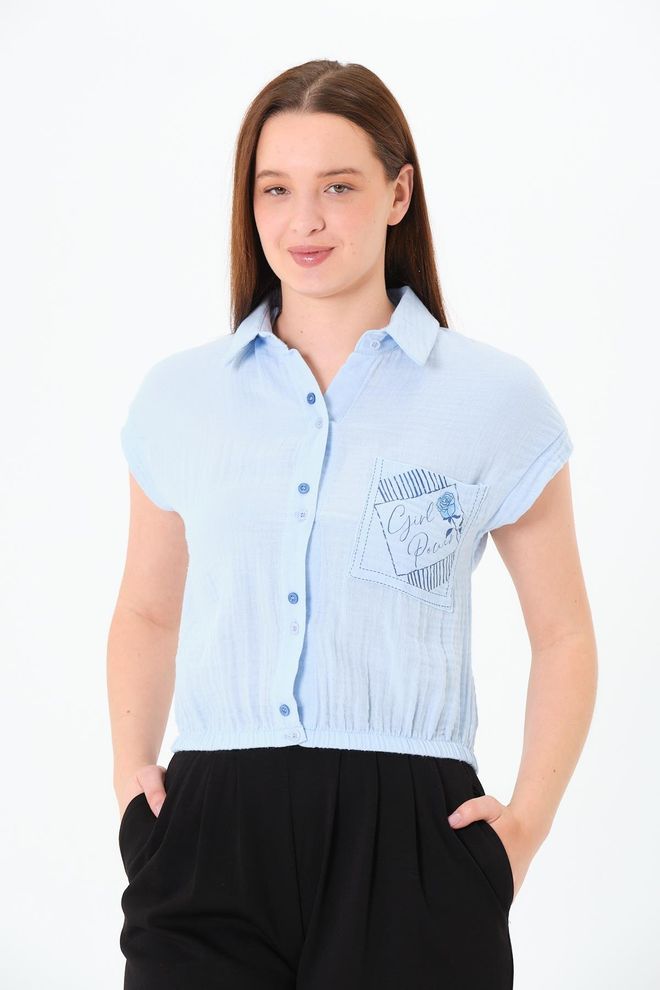 Sortie Collection Blue Casual Cute Buttoned Polo Neck Crop Shirt Wholesale Clothing Lounge