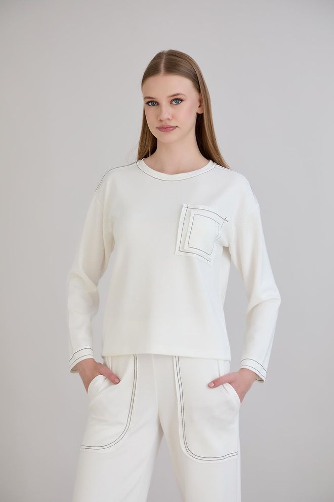 Sortie Collection Weißes Sweatshirt Mit Rundhalsausschnitt Und Langarm Großhandelskleidung Lässig