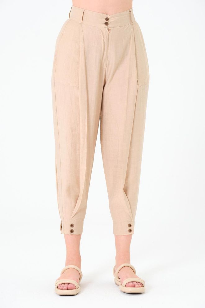 Sortie Collection Beige Gesmokt Hose Mit Hoher Taille Und Weitem Bein Gekürzt Großhandelskleidung Lässig