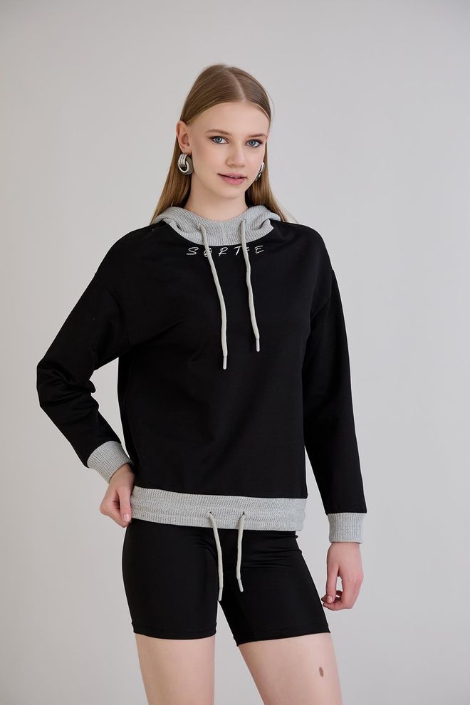 Sortie Collection Siyah Gündelik Spor Sweatshirt Kapüşonlu Yaka Toptan Giyim Gündelik