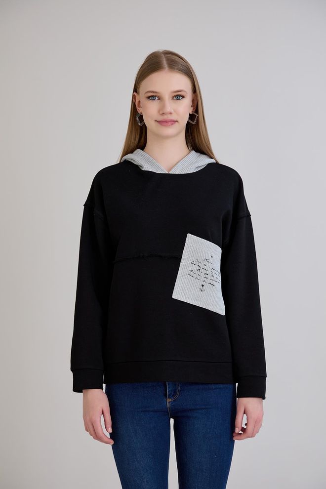 Sortie Collection Schwarzer Sweatshirt Mit Oversized Passform Und Kapuze Großhandelskleidung Lässig