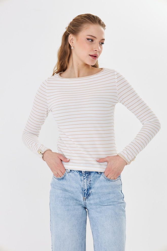 Sortie Collection Beżowa Prążkowana Bluzka Slim Fit Z Długim Rękawem Hurtowa sprzedaż odzieży Elegancki