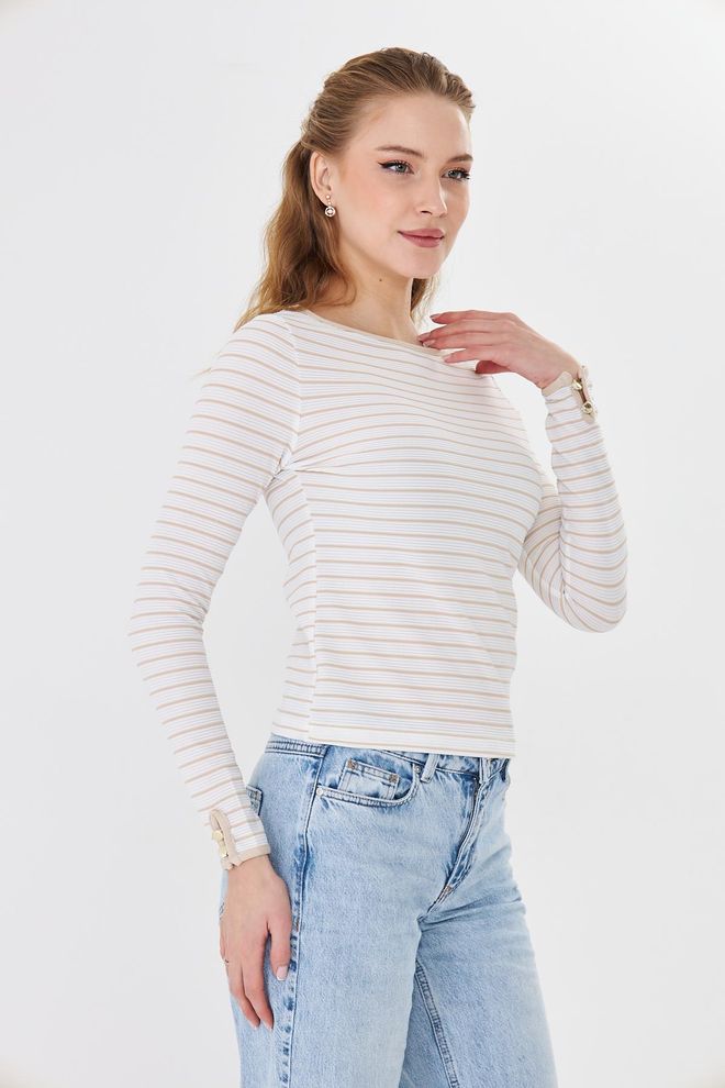 Sortie Collection Beżowa Prążkowana Bluzka Slim Fit Z Długim Rękawem Hurtowa sprzedaż odzieży 5