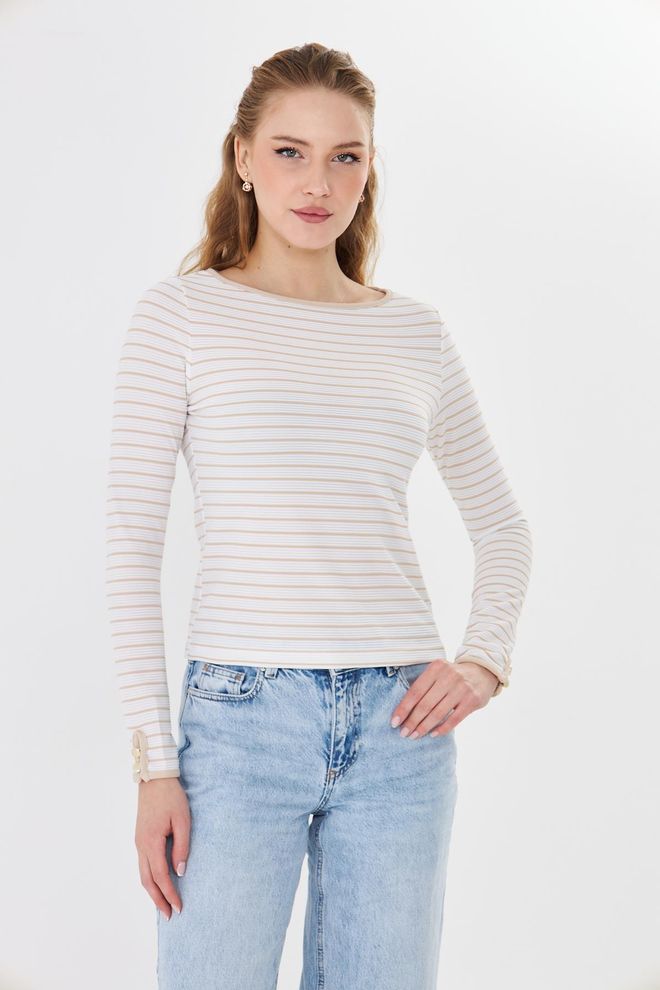 Sortie Collection Beżowa Prążkowana Bluzka Slim Fit Z Długim Rękawem Hurtowa sprzedaż odzieży Casual