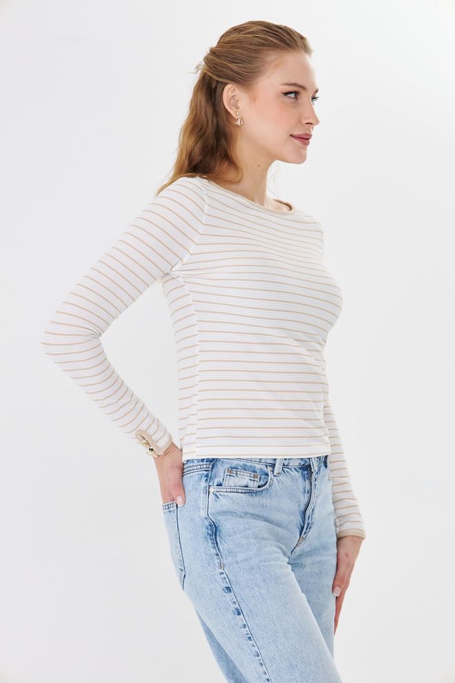 Sortie Collection Beżowa Prążkowana Bluzka Slim Fit Z Długim Rękawem Hurtowa sprzedaż odzieży Urodziny