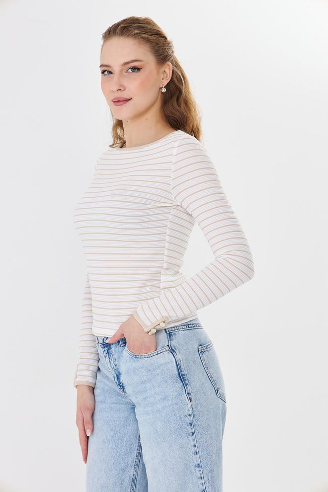 Sortie Collection Beżowa Prążkowana Bluzka Slim Fit Z Długim Rękawem Hurtowa sprzedaż odzieży Jesień