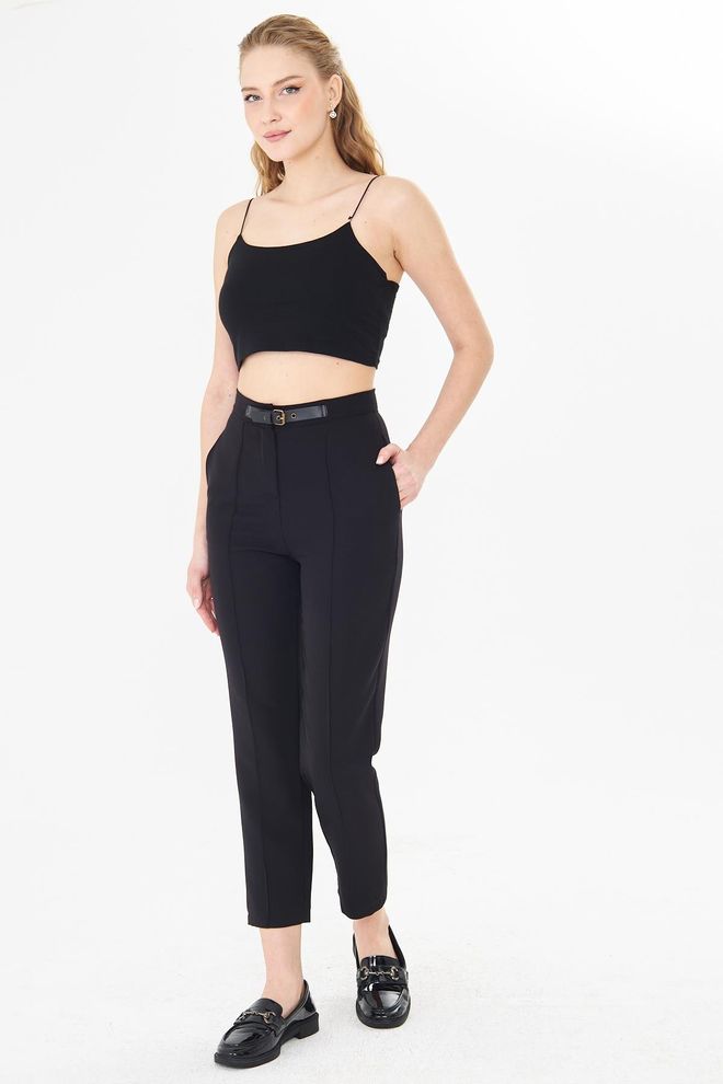 Sortie Collection Schwarze Elegante Hose Mit Hoher Taille Und Schmalem Cropped Schnitt Großhandelskleidung Lässig