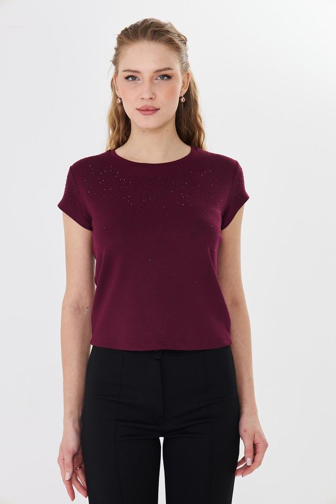 Sortie Collection Claret Red Tshirt With Sequined Glam Wholesale Clothing Glam