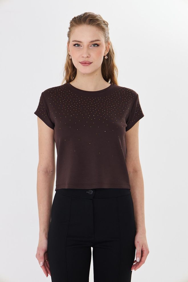 Sortie Collection Maglietta Casual Elegante Marrone Con Paillettes Abbigliamento all'ingrosso Casuale