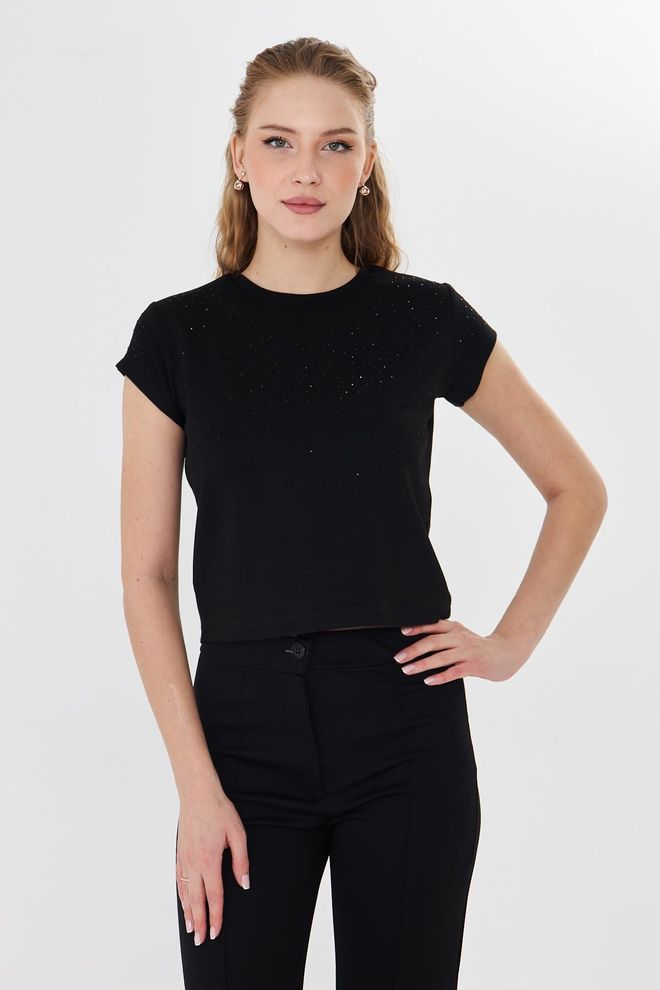 Sortie Collection Maglietta Nera Elegante Glamour Con Paillettes Abbigliamento all'ingrosso Casuale