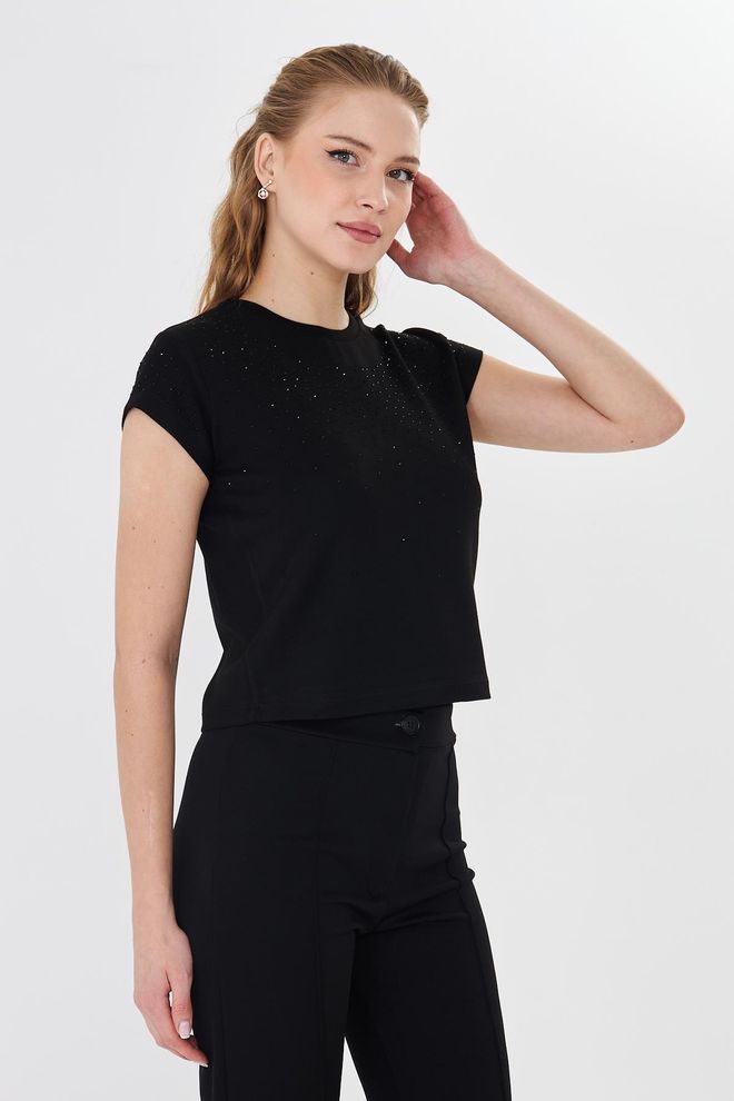 Sortie Collection Black Elegant Glam Tshirt With Sequined Detail Wholesale Clothing 5